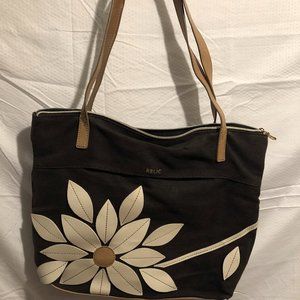 Relic Black Canvas Handbag with Beautiful Faux Leather Flower Design